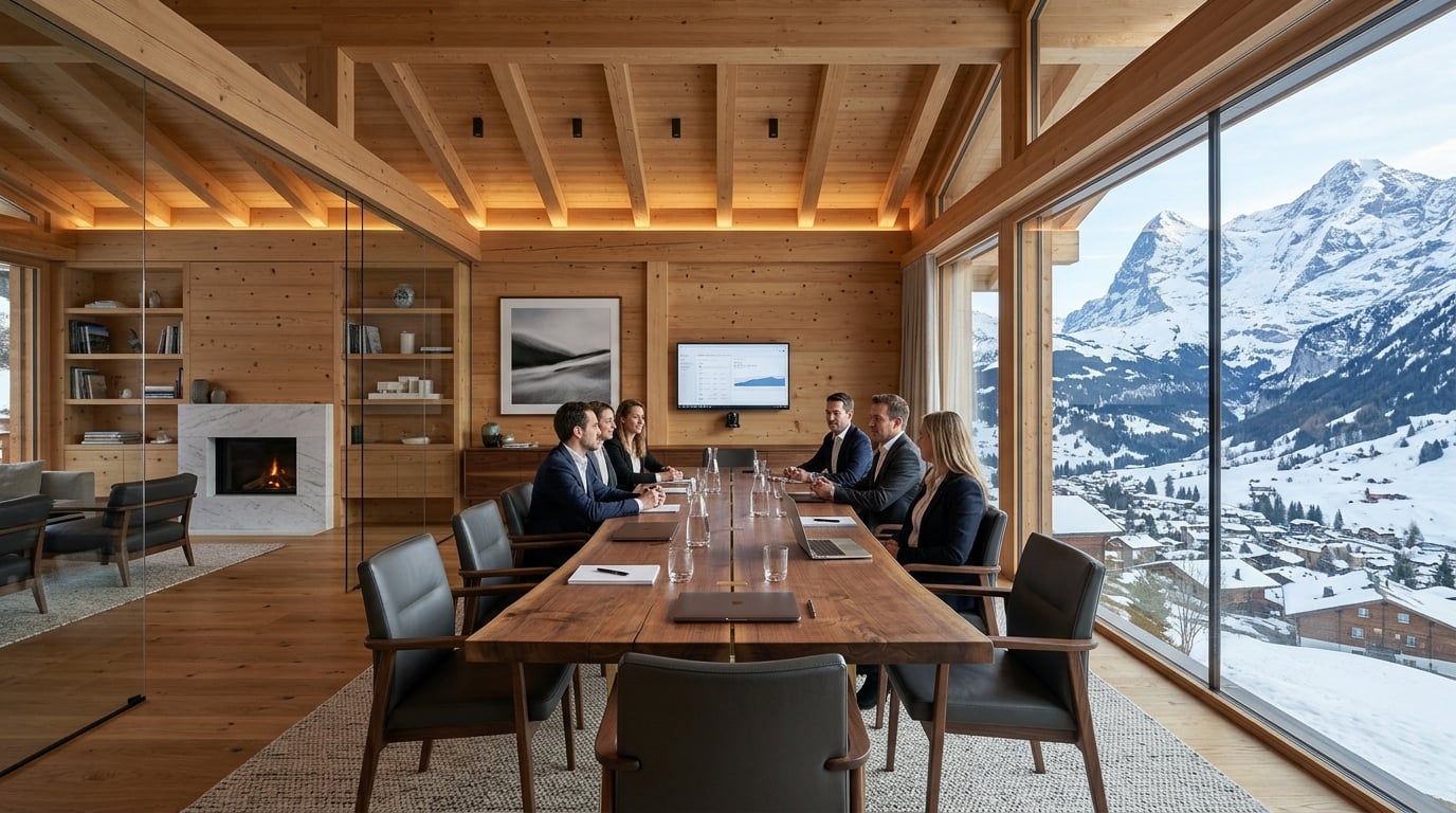 Swiss chalet meeting room with Alpine mountain views