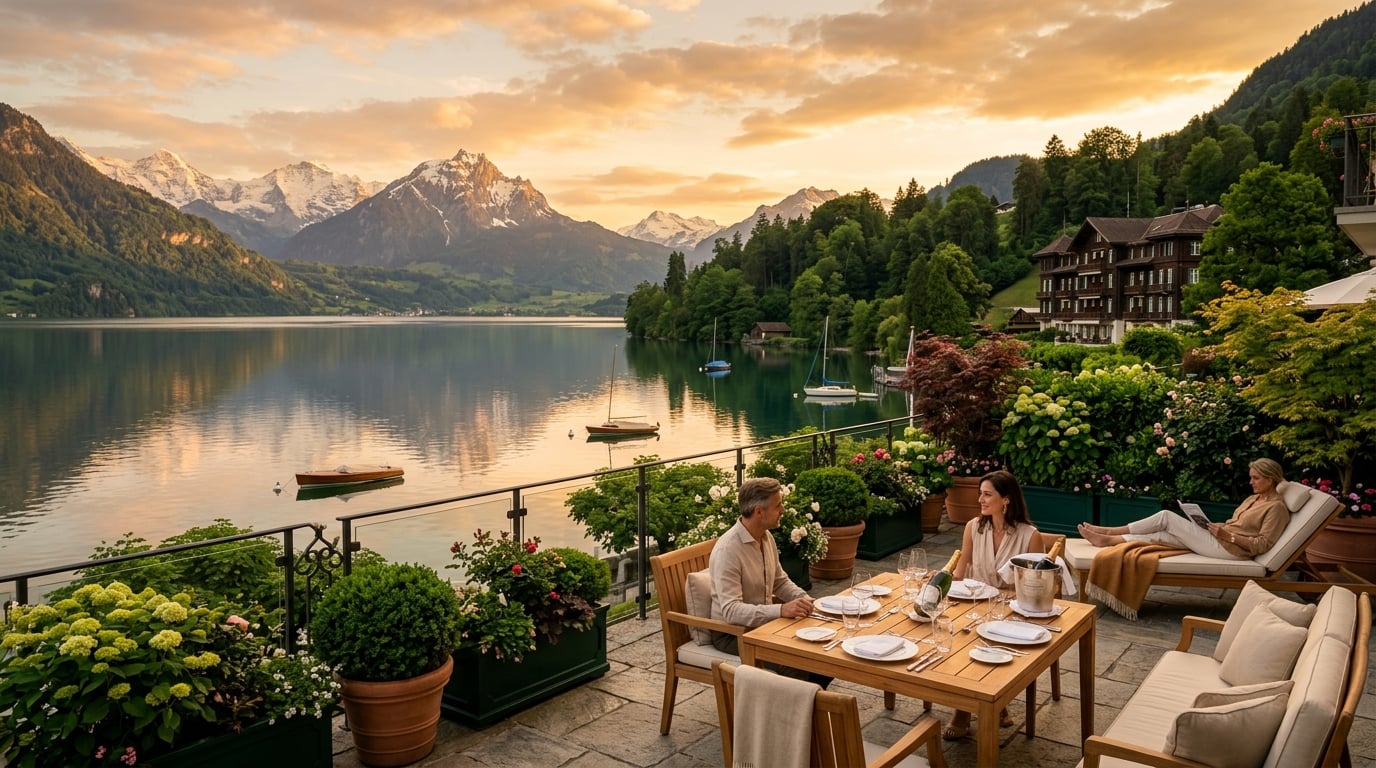 Swiss alpine lakeside view at golden hour