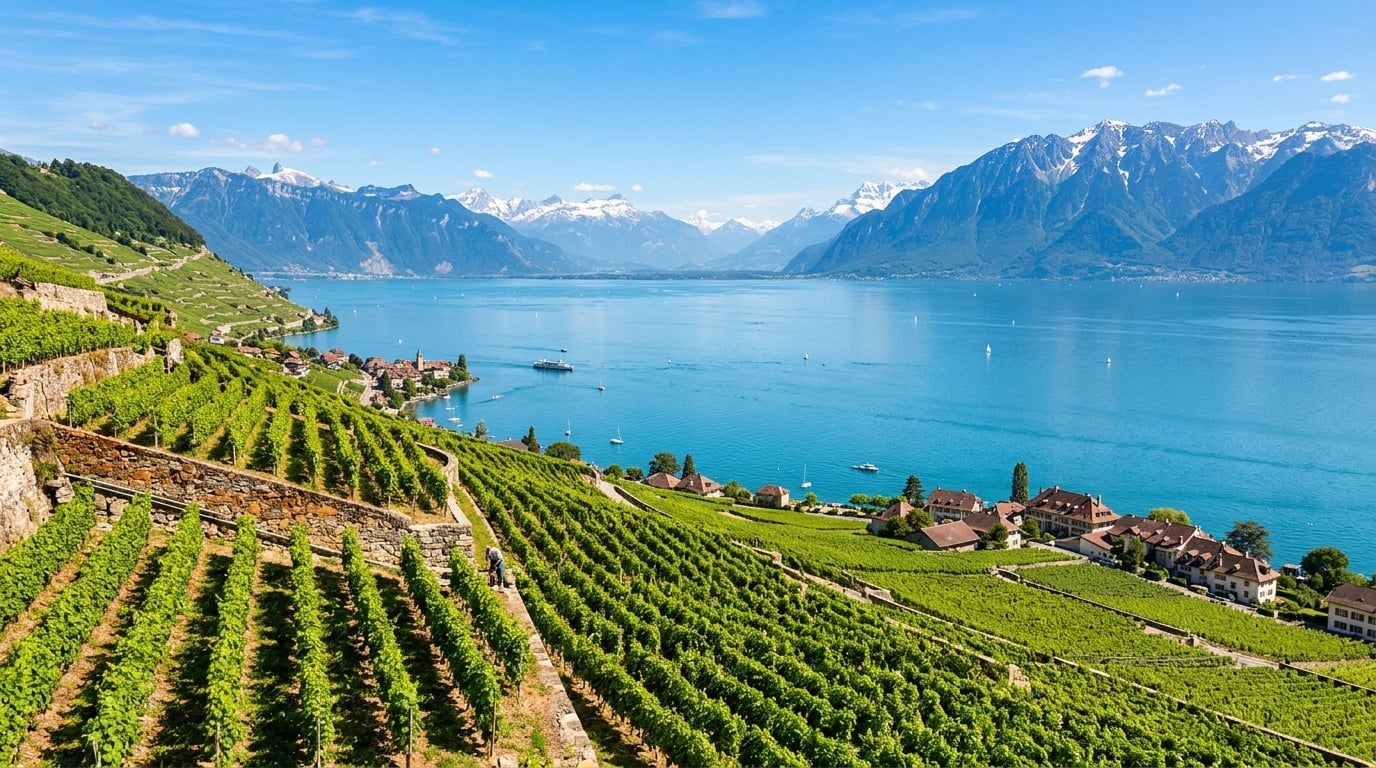 Lake Geneva with terraced vineyards and Alpine backdrop