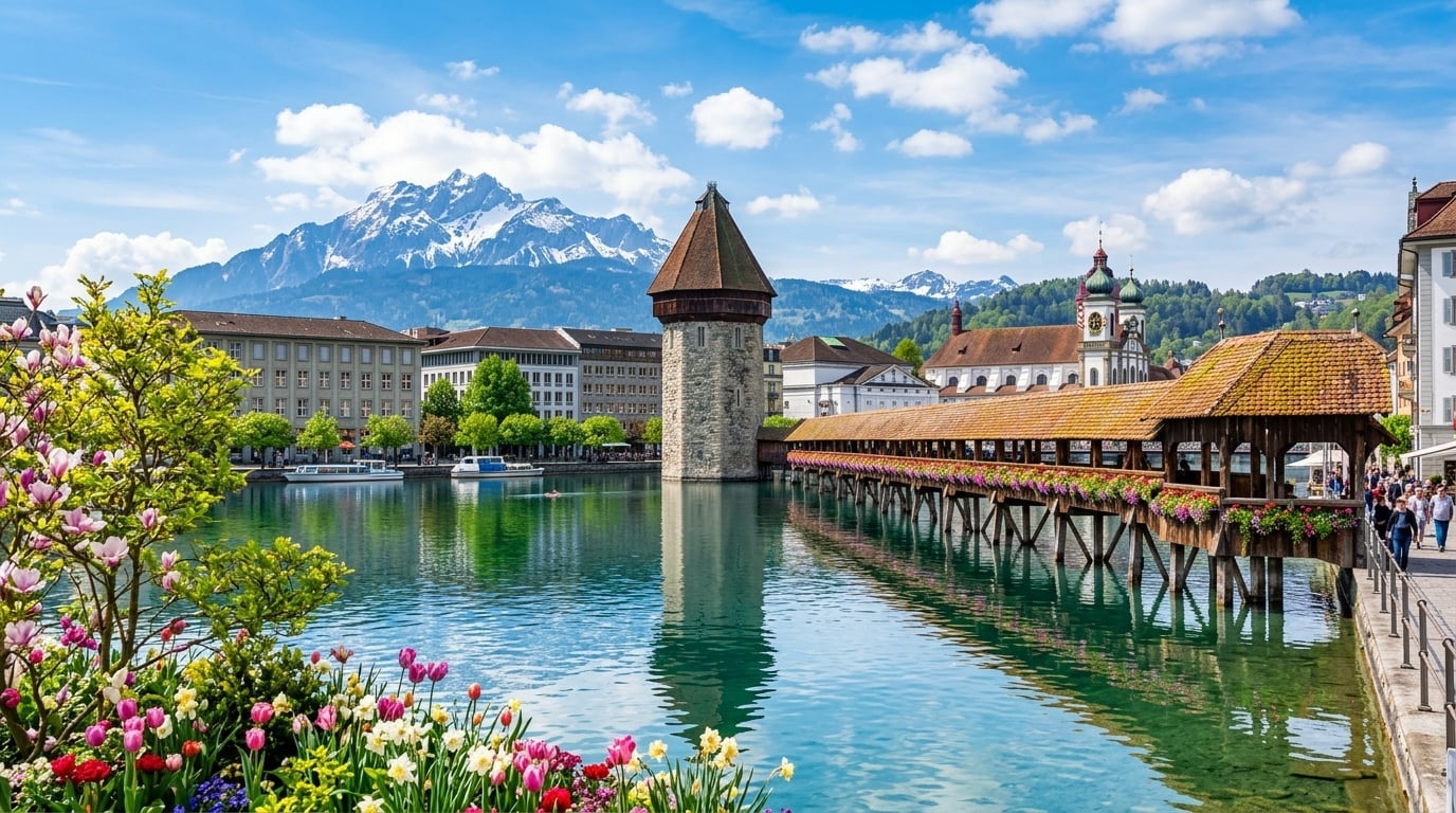 Lucerne lakeside with Chapel Bridge and mountain backdrop