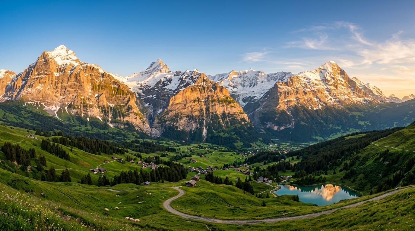 Panoramic Swiss Alps with snow-capped peaks and green valleys