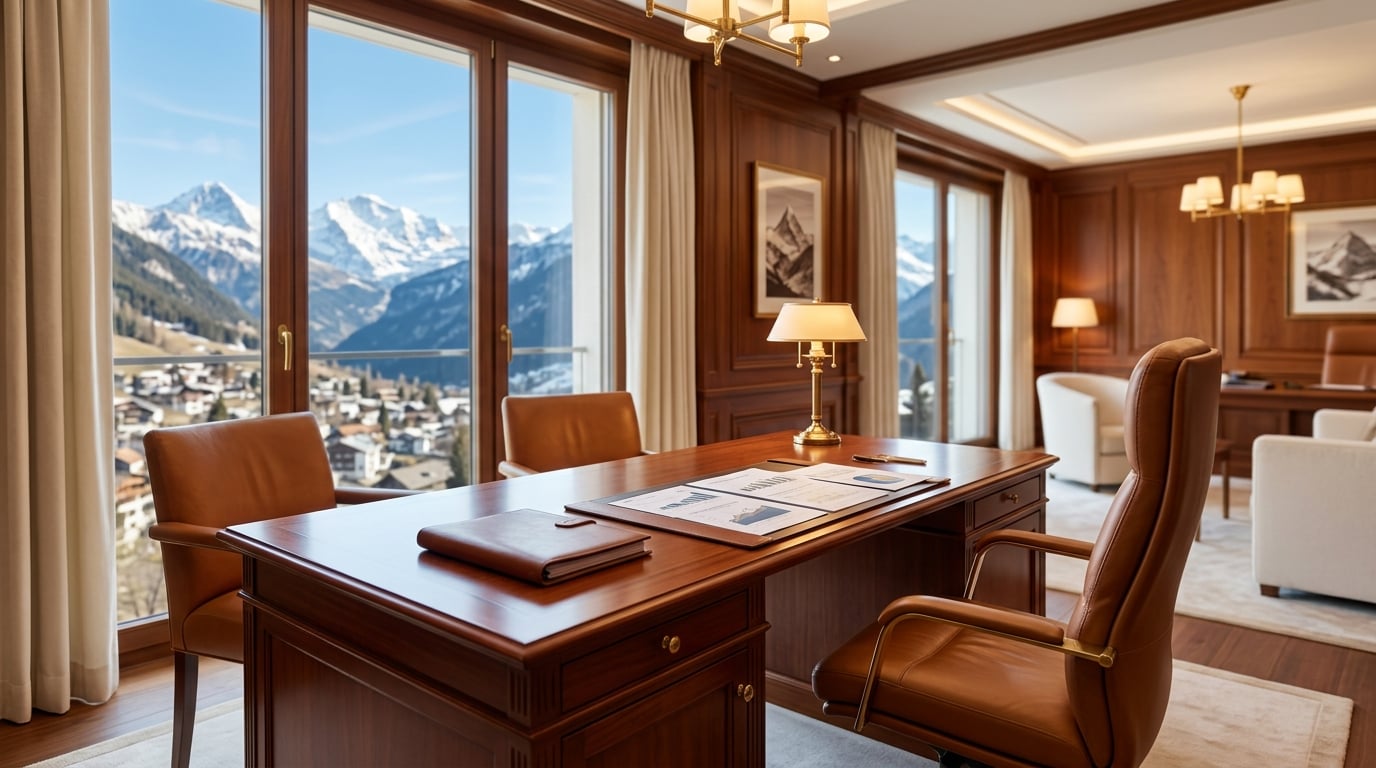 Premium wealth management office with warm wood paneling and mountain views